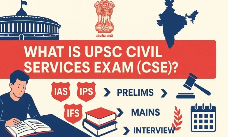 UPSC Civil Services Exam infographic showing stages—Prelims, Mains, Interview—and All India Services: IAS, IPS, IFS