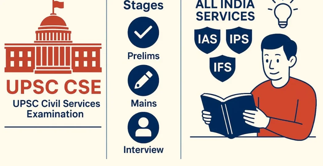 UPSC Civil Services Exam infographic showing stages—Prelims, Mains, Interview—and All India Services: IAS, IPS, IFS