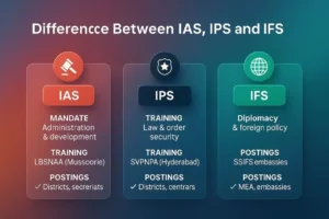 Comparing IAS, IPS and IFS with glassmorphism cards showing mandate, training academies and typical postings.
