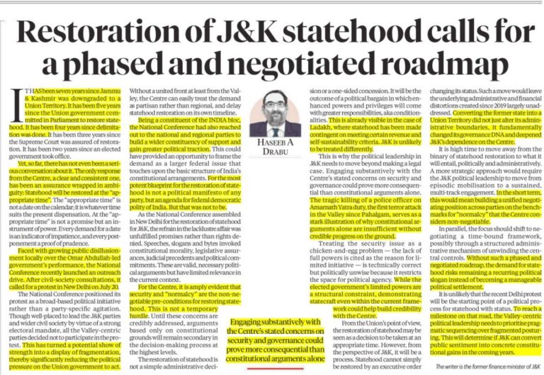 Restoration of J&K Statehood: Need for Roadmap