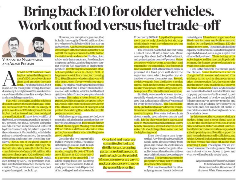 E20 Ethanol: Food vs Fuel Trade-off