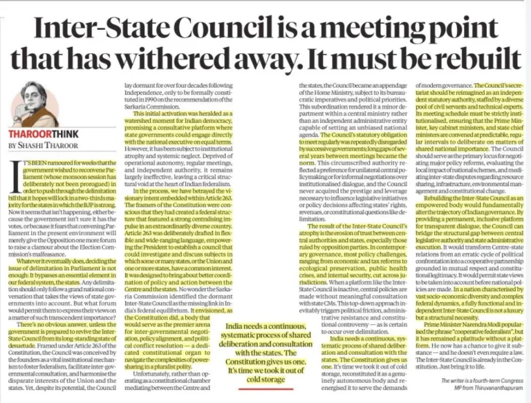 Inter-State Council: Reviving Cooperative Federalism
